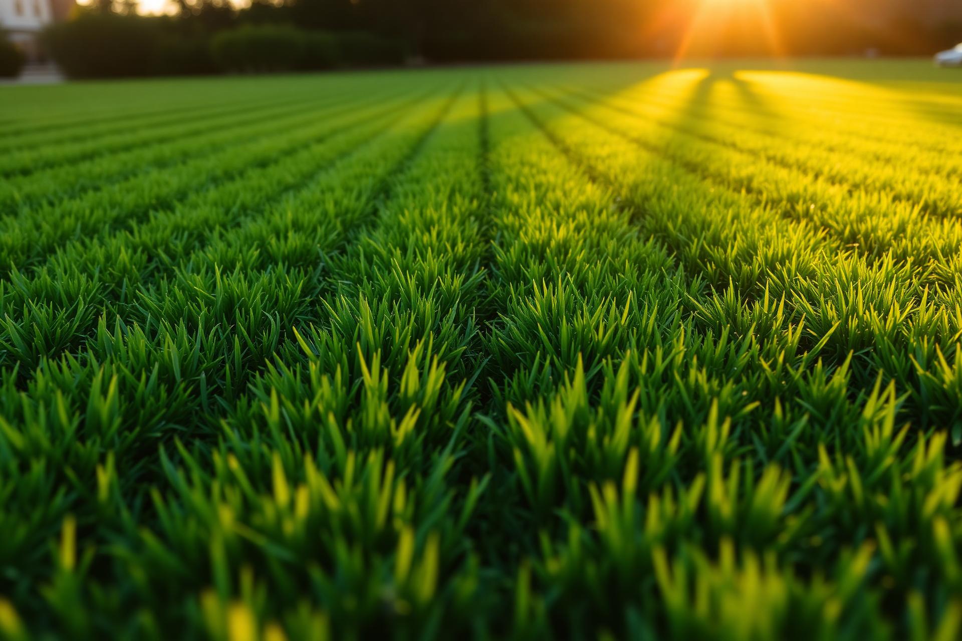 Freshly mowed striped green lawn at sunset